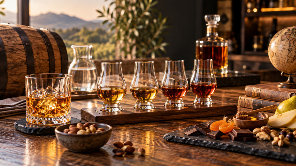 Whiskey tasting glasses showing different whiskey styles for beginners
